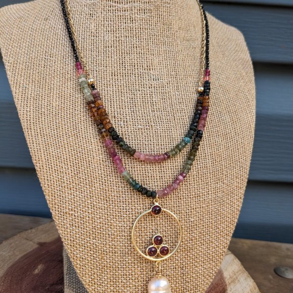 Tourmaline Garnet Gold Filled Vermeil Two strand Necklace FREE SHIPPING - Picture 7 of 8